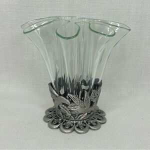 Pewter Hummingbird Base w/Pinched Ruffle Glass Vase Insert Bud Vase 4”x4”